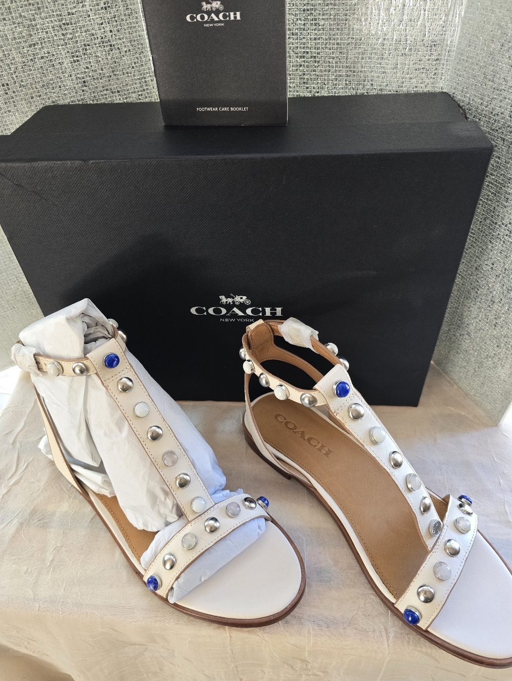 COACH White Leather T-Strap Studded Sandals with Blue Accents. New In Box! 6.5 B